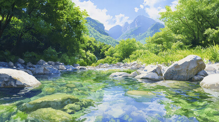 Serene landscape featuring clear river flowing through lush greenery and rocky terrain, surrounded by majestic mountains
