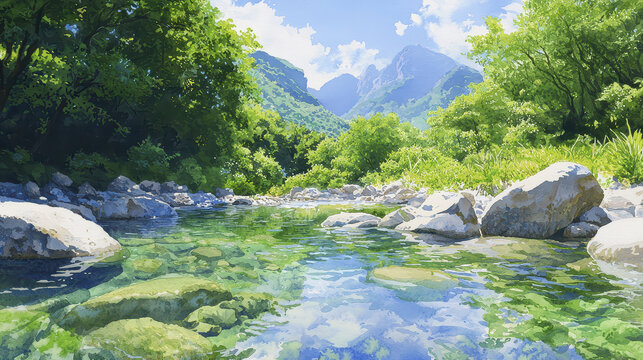 Serene landscape featuring clear river flowing through lush greenery and rocky terrain, surrounded by majestic mountains