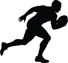 Silhouette of a rugby player running with the ball isolated on white background, showcasing athleticism and action
