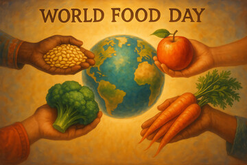 World food day concept artwork with human hands holding apple, carrots, broccoli and grains around earth for global food awareness
