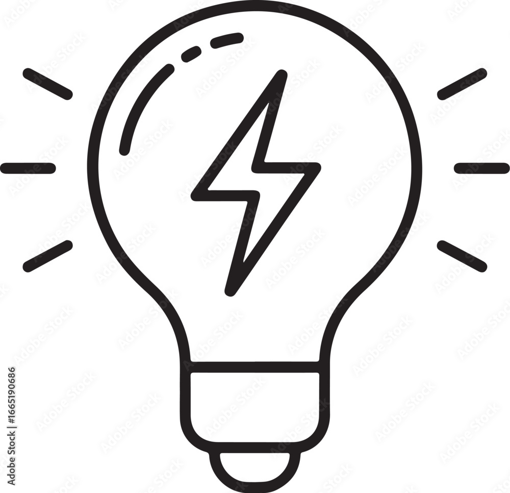 Poster simple line art icon of a light bulb with a lightning bolt inside