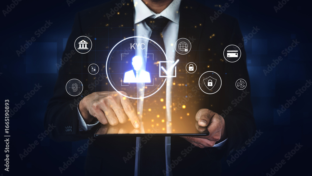 Aufkleber digital kyc verification with biometric scan, id authentication, and financial security icons repres