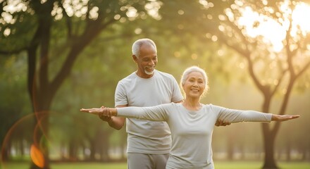 Senior couple practicing yoga or stretching outdoors in a park at sunset.
