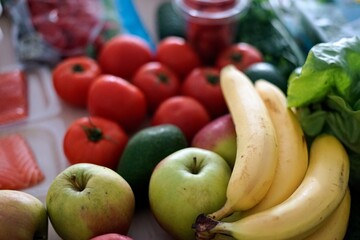 Fresh Produce Selection: Fruits and Vegetables Display apple banana tomato groceries food delivery fresh nutritious healthy fibre 
