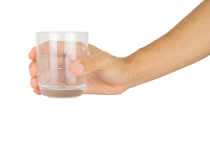 “Transparent Empty Glass of Water in Male Hand, isolated on a white background”.