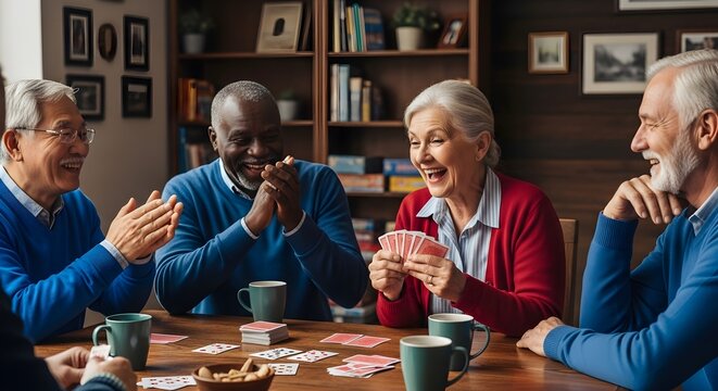 Four senior adults playing cards together in a cozy living room setting, enjoying a friendly game and social interaction. - Powered by Adobe