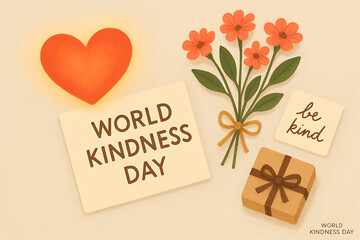 World kindness day illustration with glowing red heart bouquet of flowers gift box and note card spreading love compassion and unity