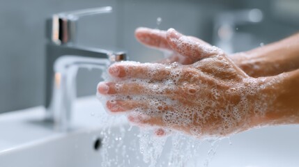 Fototapeta premium Hands are being washed under running water with soap, creating a rich lather. This activity emphasizes the importance of cleanliness in daily routines, especially in preventing the spread of germs