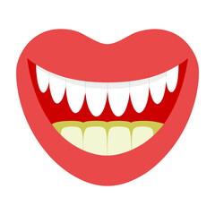 Bright red cartoon lips with a wide open smile showing perfect white teeth, symbol of happiness, joy, and positivity for commercial use