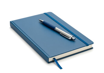 A blue closed notebook with a pen on it.