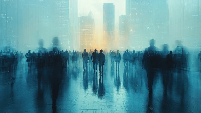 A sea of blurred silhouettes, a testament to the tireless efforts of modern workers, rendered by the enigmatic gaze of generative AI. Their faces, obscured by the anonymity of the office, yet 