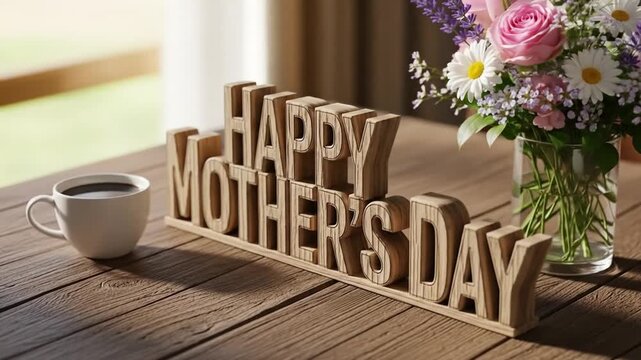 Heartwarming Mother's Day Celebration with Flowers, Coffee, and Wooden Decoration