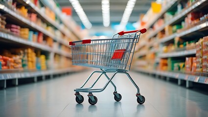 Empty shopping cart in a supermarket aisle with shelves of products
