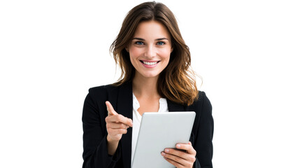 Businesswoman points confidently holding a tablet computer against a white background