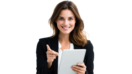 Businesswoman points confidently holding a tablet computer against a white background