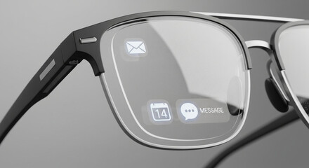 Close-up of smart augmented reality glasses displaying digital icons for mail, calendar, and messages, symbolizing future technology and digital communication.