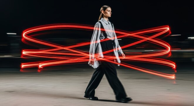 Young caucasian female in motion with light trails at night - Powered by Adobe