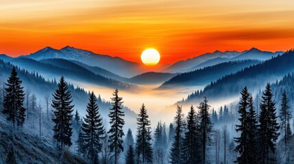 Obraz premium Picturesque Sunrise Over Misty Mountain Range with Evergreen Trees in Silhouette