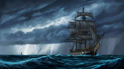 Obraz premium Majestic tall ship navigates turbulent seas under dramatic lightning storm towards distant lighthouse beacon