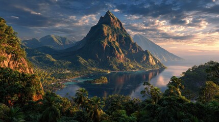 Tropical Island Sunrise Majestic peak, calm bay, lush coast, tranquil dawn.  Travel brochure