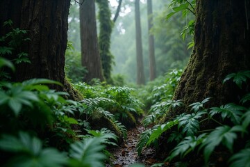 Fototapeta premium Lush green forest pathway surrounded by tall trees and ferns 