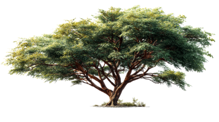 Mature acacia tree with sprawling branches and dense green foliage against a white background