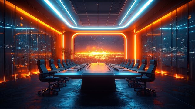 A sleek, futuristic conference room, bathed in the cool glow of ambient light, hummed with activity. State-of-the-art technology, including interactive displays and advanced video conferencing 