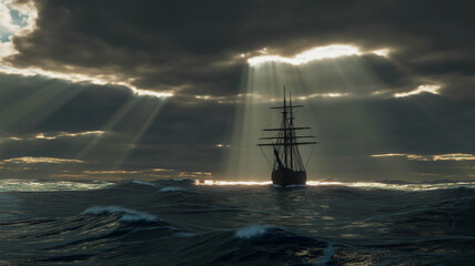 Majestic tall ship navigates stormy seas under dramatic sunbeams breaking through dark clouds