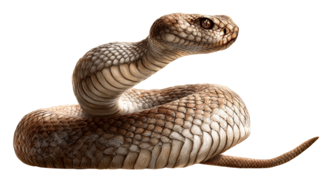 Detailed coiled rattlesnake profile on white background