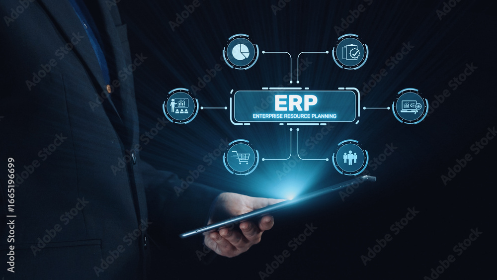 Poster erp platform visual showing centralized system for enterprise resource planning, improving integrati