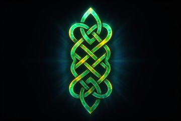 Glowing emerald Celtic knot with golden highlights on black.