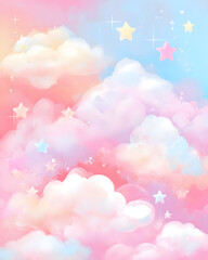 Dreamy Pastel Sky with Clouds and Colorful Stars