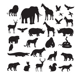 Naklejka premium A vector collection of wild and farm animal silhouettes including dogs, horses, elephants, lions, and giraffes