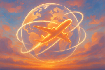 World tourism day artwork with glowing airplane circling earth globe in colorful sky symbolizing travel, aviation and global journey