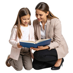  Female Teacher Reading Aloud to Young Girl Sitting Beside Her, Transparent