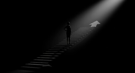 A solitary figure ascends a dark staircase, guided by a spotlight and an upward arrow, representing a journey of progress.