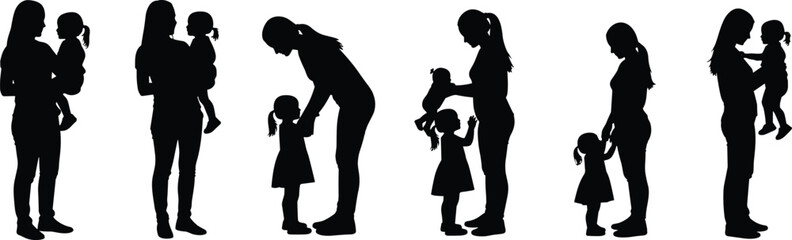 PrintBlack silhouette sequence of adult and child interactions, caregiving roles, family bond, nurturing love, parenting moments, emotional connection, vector illustration design
