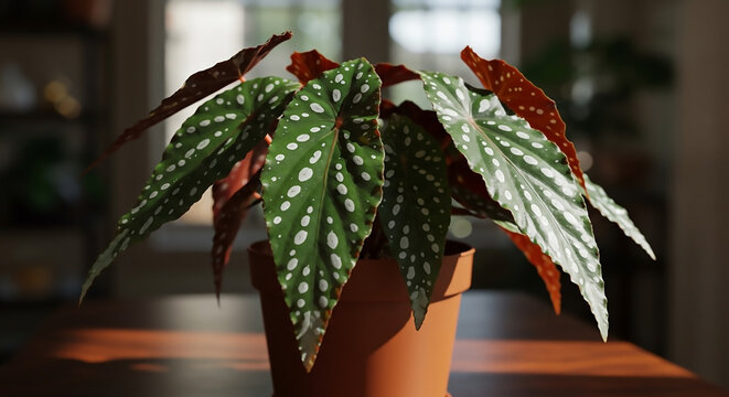 Striking Polka Dot Begonia, a captivating Air-Purifying Indoor Plant, showcasing vibrant silver-spotted green leaves with a rich red underside, thriving in a cozy, sunlit home