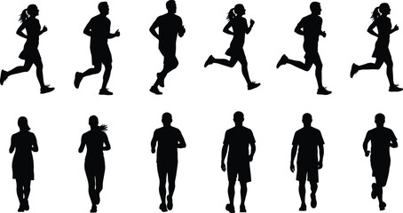PrintBlack silhouette sequence of male and female running and jogging poses, sports motion illustration for training, fitness, athletics, and movement design