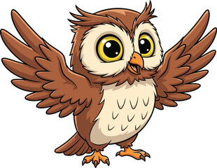 Cartoon Vector Illustration of Owl with Wide Wings, Big Yellow Eyes, and Tufted Head in Friendly Pose on White Background