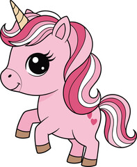 Cartoon Vector Illustration of Pink Unicorn with Golden Horn, Flowing Mane, Heart Markings, and Playful Pose on White Background
