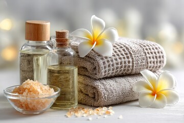 Spa composition with towels frangipani flowers sea salt and glass bottles for relaxation beauty and aromatherapy