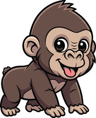 Cartoon Vector Illustration of Playful Baby Monkey with Big Eyes, Smiling Face, and Brown Fur in Crawling Pose on White Background