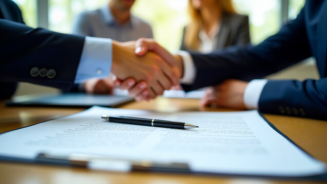 High-resolution close-up of two businesspeople shaking hands over a signed contract, symbolizing a successful partnership and agreement - Powered by Adobe