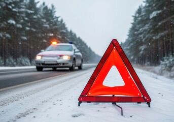 Car breakdown with hazard warning triangle on a snowy road