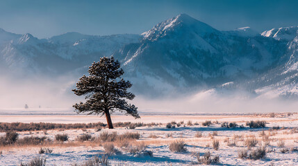 Majestic winter landscape featuring solitary tree and snow-covered mountains at dawn