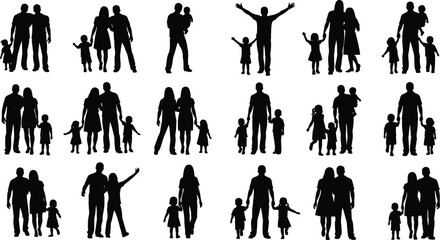 PrintBlack silhouette vector collection of diverse family groups with parents and children in various poses for design, community, parenting, love, and lifestyle themes