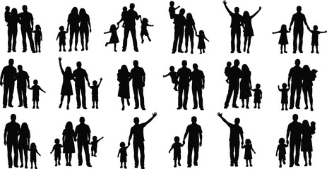 PrintBlack silhouette vector collection of diverse family groups with parents and children in various poses for design, parenting, love, unity, and lifestyle themes