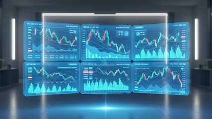 Multiple futuristic holographic charts showing financial market analysis and stock trading technology - Powered by Adobe