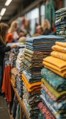 Naklejka premium Display of colorful fabrics in a store with people shopping